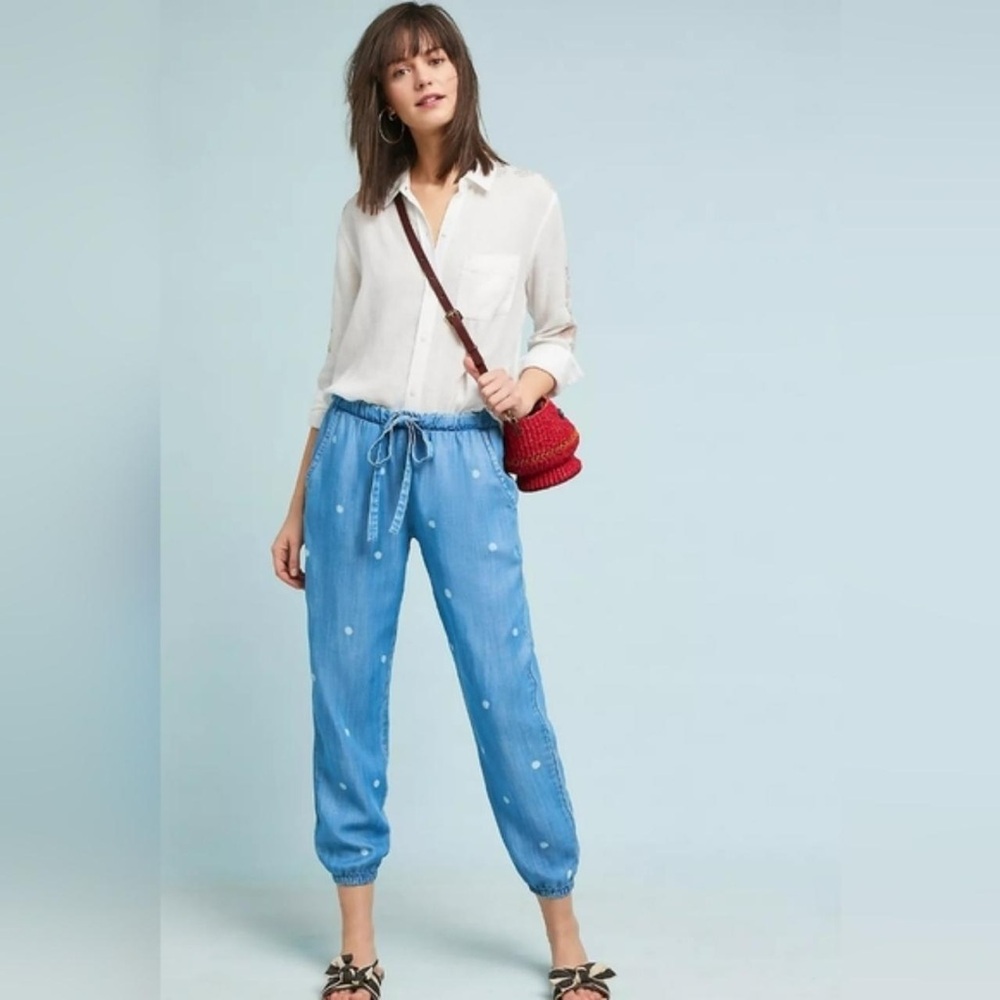ANTHROPOLOGIE Cloth & Stone Blue Chambray Polka Dot Pull-On Jogger Pant XS NWOT
